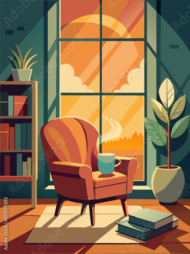 A cartoonish drawing of a living room with a chair, a potted plant, and a bookcase. The chair is empty, and a cup is on it. The room is filled with books, and the sun is shining through the window