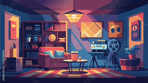 A cartoonish drawing of a living room with a couch, coffee table, and potted plant
