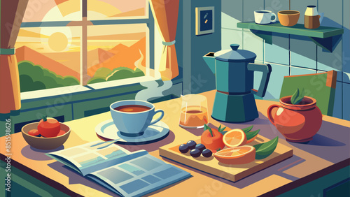 A coffee table with a book, a coffee pot, a cup, and a bowl of fruit