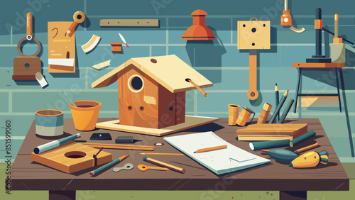 A birdhouse is on a table with other tools and supplies. The birdhouse is made of wood and has a small hole for the bird to enter. The table is cluttered with various items, including a cup, a bottle
