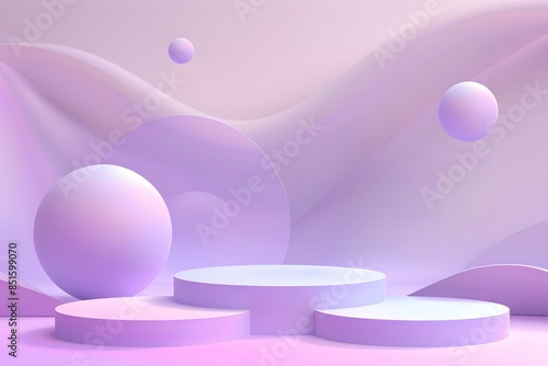 A purple podium with spheres floating around it, creating an atmosphere of lightness and minimalism. The background is purple in color, creating a soft tone that complements the stage design.  photo