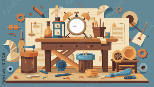A cluttered workbench with a clock and a variety of tools. Concept of creativity and productivity, as well as the idea of a workshop or a space for DIY projects