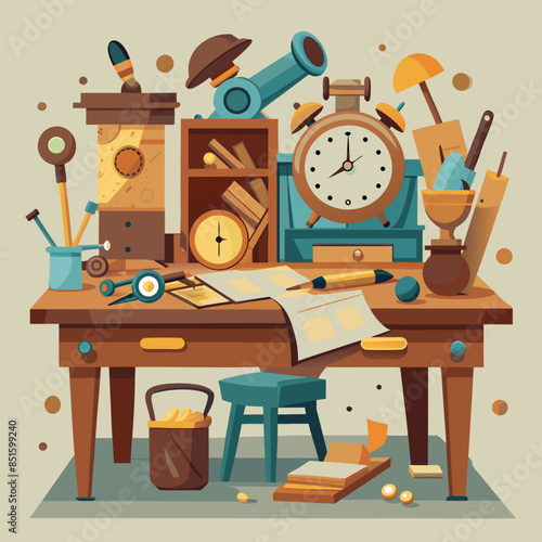 A cluttered desk with a clock, a magnifying glass, and a book. The desk is covered in various items, including a cup, a bowl, and a spoon. Scene is chaotic and disorganized