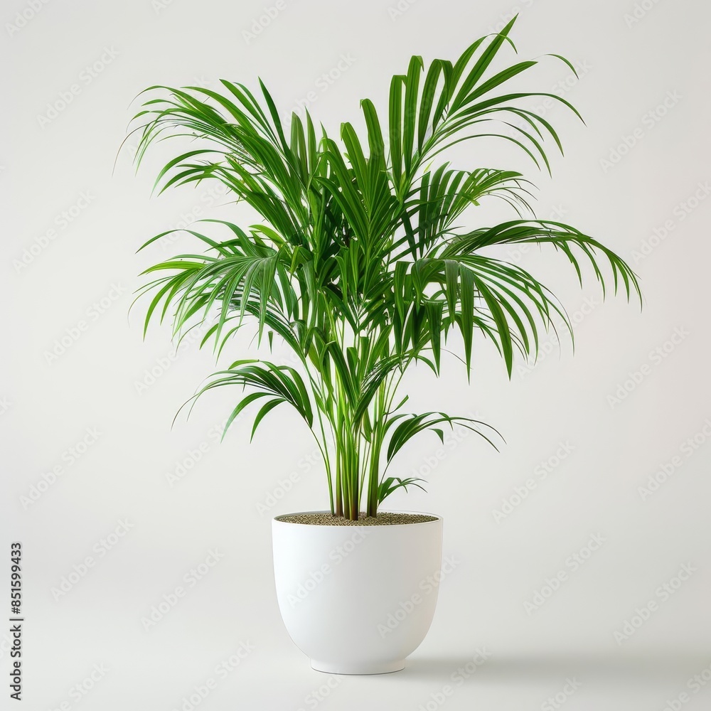 Tall parlor palm in a white minimalist pot isolated on a solid white background Tall parlor palm in a white minimalist pot isolated on a solid white background