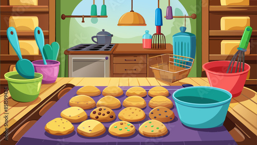 A cartoon kitchen scene with a tray of cookies on a table. The cookies are of different shapes and sizes, and there are several bowls and spoons scattered around the kitchen
