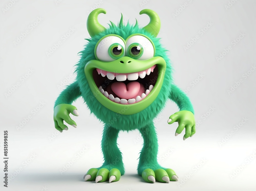 Fototapeta premium smiling green monster cute d art illustration in plain white background