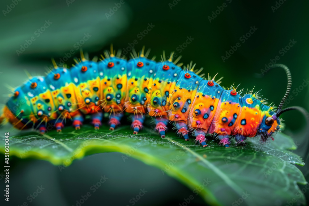 macro portrait of a green caterpillar on a leaf with blurred background, worm with antennae, poisonous insect macro portrait of a green caterpillar on a leaf with blurred background, worm with antennae, poisonous insect