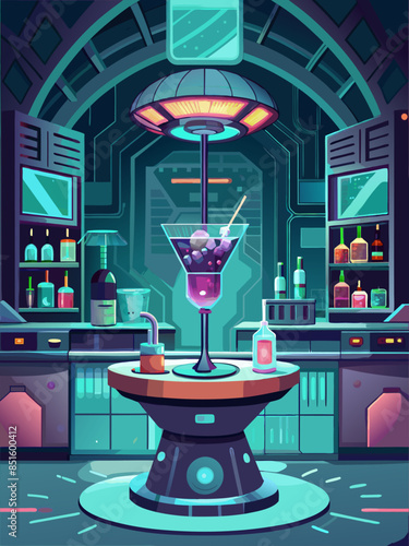 A futuristic bar with a neon sign and a glass of liquid in a martini glass. The bar is filled with various bottles and glasses, and there is a counter with a martini glass on it