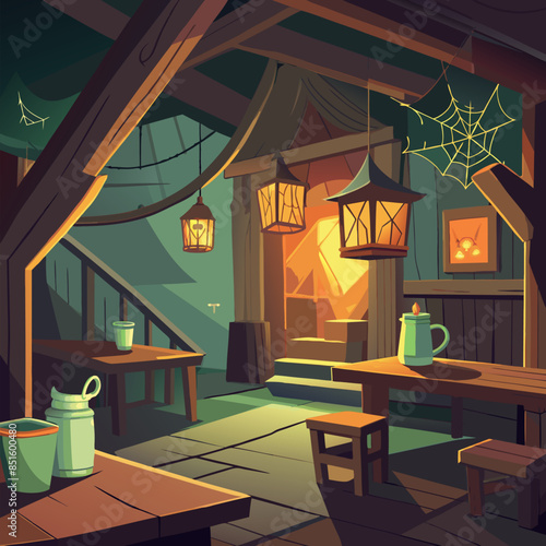 A dimly lit room with a fireplace and a few tables. The mood of the room is cozy and inviting