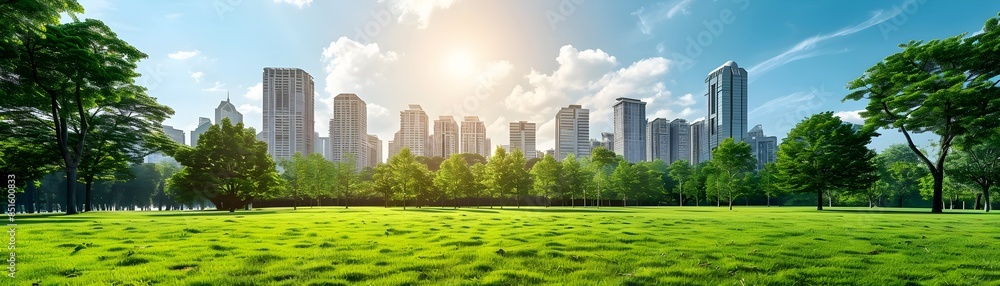 Fototapeta premium Modern City Skyline Surrounded by Lush Green Park for Environmental Conservation