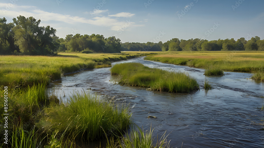 a river flowing through a protected wetland area, with various wildlife species visible along the banks, emphasizing the harmony of a thriving ecosystem. a river flowing through a protected wetland area, with various wildlife species visible along the banks, emphasizing the harmony of a thriving ecosystem.
