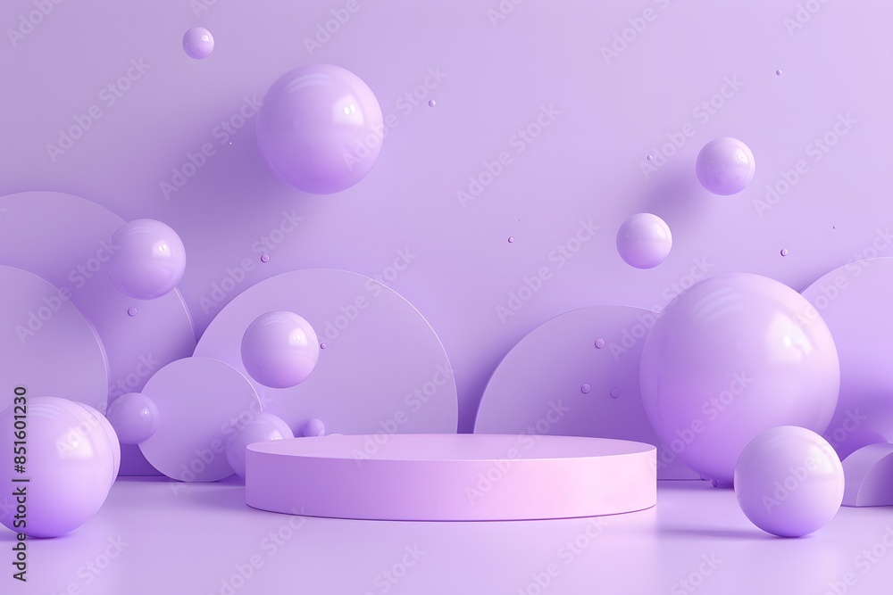 A purple podium with spheres floating around it, creating an atmosphere of lightness and minimalism. The background is purple in color, creating a soft tone that complements the stage design. A purple podium with spheres floating around it, creating an atmosphere of lightness and minimalism. The background is purple in color, creating a soft tone that complements the stage design.
