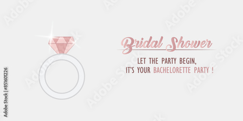 Bridal Shower Invitation with Pink Diamond Ring and Elegant Typography, Bachelorette Party Celebration