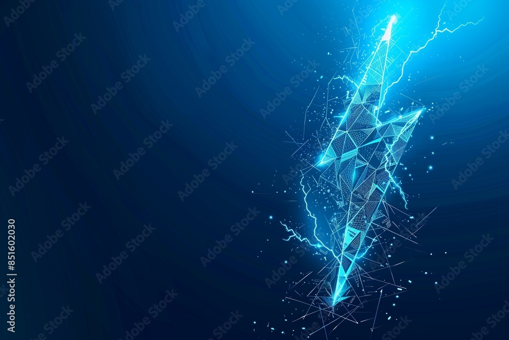 abstract blue background with a striking low poly lightning bolt symbol ...