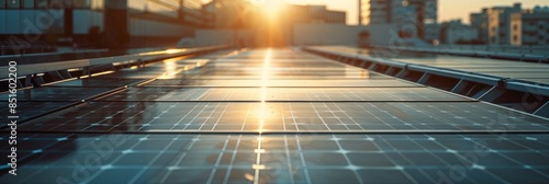 Rooftop Solar Panels in Sunlight: Showcasing Green Energy Infrastructure, Wallpaper, banner design, brochure, web, background template, concept of sustainability, counter urbanization, de-urbanization