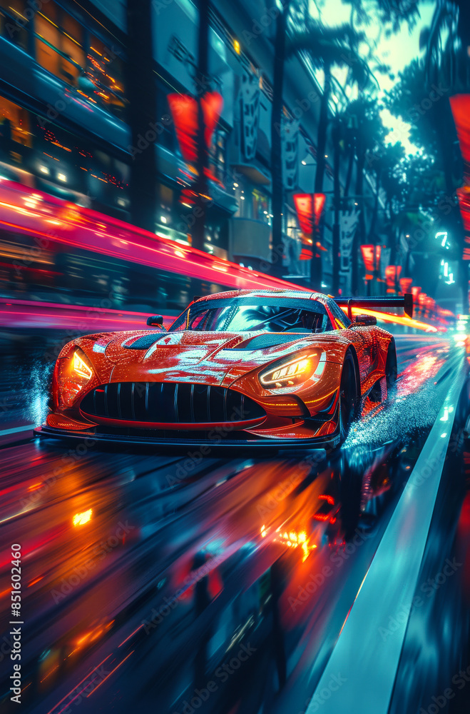 Red sports car rushes down the road at high speed modern sports cars Red sports car rushes down the road at high speed modern sports cars