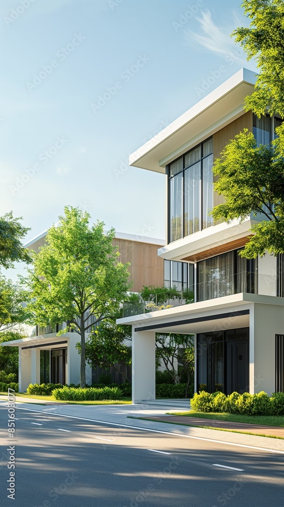 Fototapeta premium Vertical Image Of A Modern House Is Surrounded By Trees With Green Leaves.