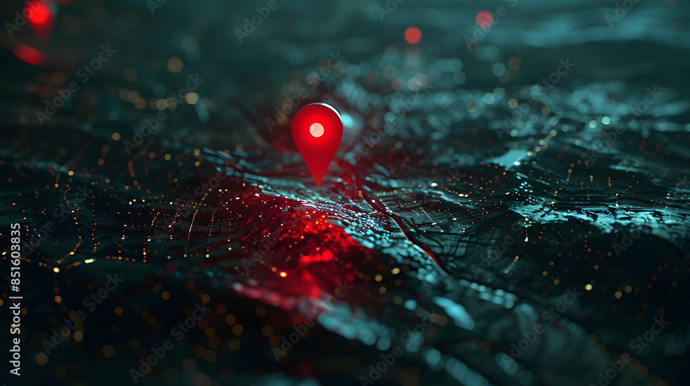 glowing red gps marker on the digital map