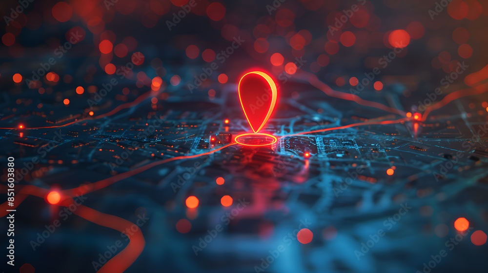 glowing red gps marker on the digital map glowing red gps marker on the digital map