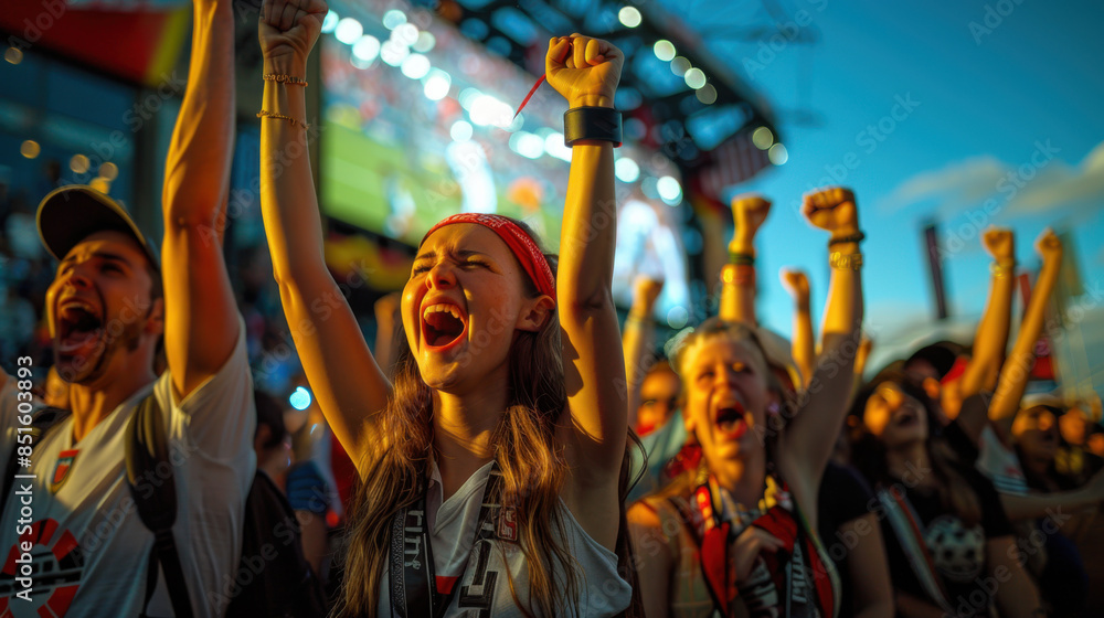 A group of passionate fans cheering enthusiastically during a sports event, with bright lighting and a vibrant atmosphere. A group of passionate fans cheering enthusiastically during a sports event, with bright lighting and a vibrant atmosphere.