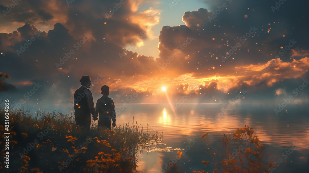 Fototapeta premium Silhouetted father and son standing by a lake at sunset.