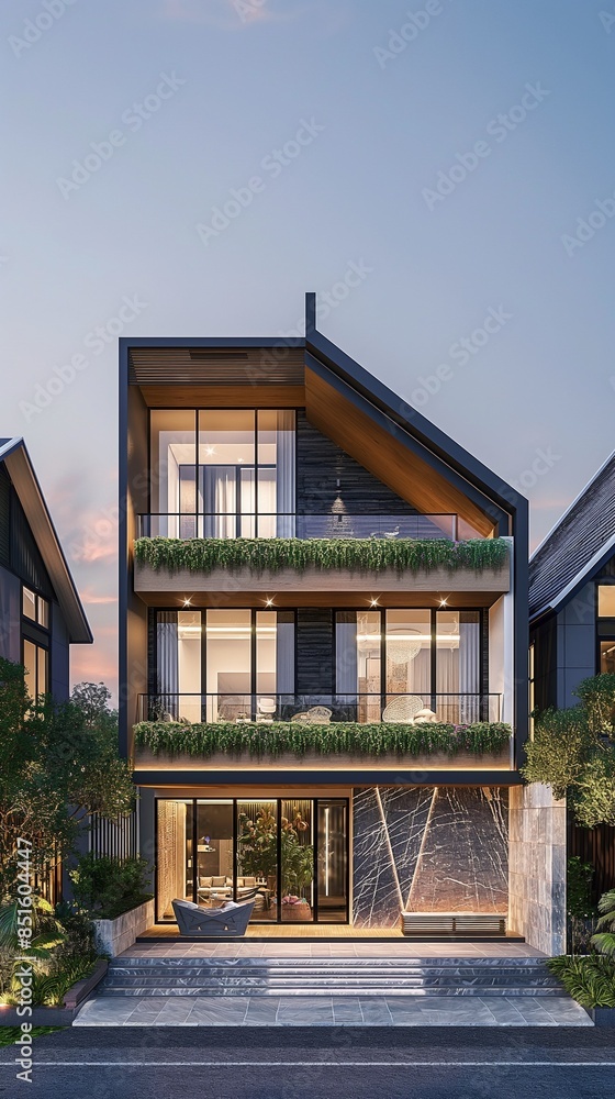 Fototapeta premium A Two-Storey Home With A Glass Balcony, Large Windows And Natural Landscape.