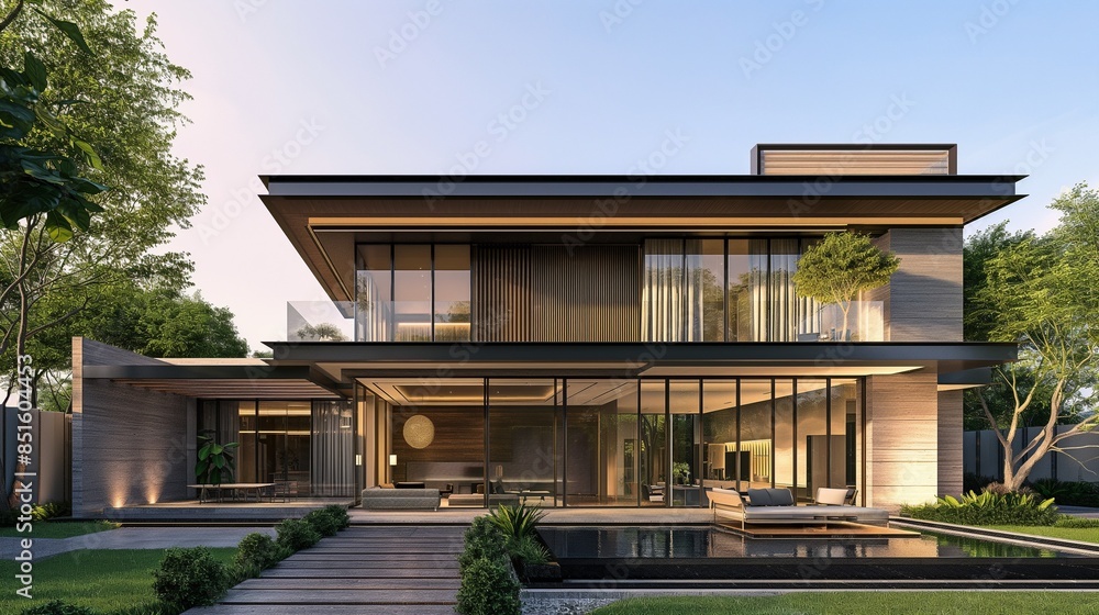 A Two-Storey Home With A Glass Balcony, Large Windows And Natural Landscape. A Two-Storey Home With A Glass Balcony, Large Windows And Natural Landscape.