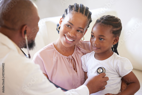 Black people, mother and girl with doctor stethoscope for healthcare consultation and healthy lungs in hospital. African mama, young child and male pediatrician with check breathing for wellness