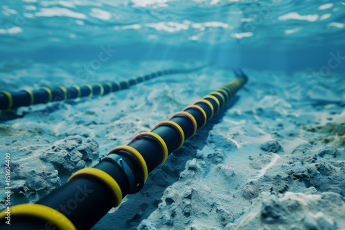An underwater view features a sea cable stretching infinitely along the ocean floor, embodying connectivity and technological advancement.