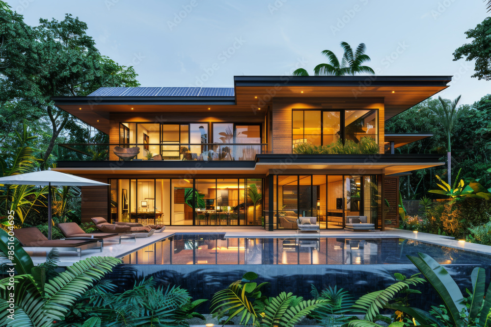 modern luxury villa with a swimming pool and garden on a tropical island. the house design is in wood, glass and metal materials. evening lighting with solar panels on the roof to provide energy modern luxury villa with a swimming pool and garden on a tropical island. the house design is in wood, glass and metal materials. evening lighting with solar panels on the roof to provide energy