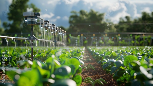 Automated irrigation system with sensors adjusting water distribution based on realtime weather and soil data. Concept Smart Irrigation, Sensor Technology, Real - time Data, Water Efficiency