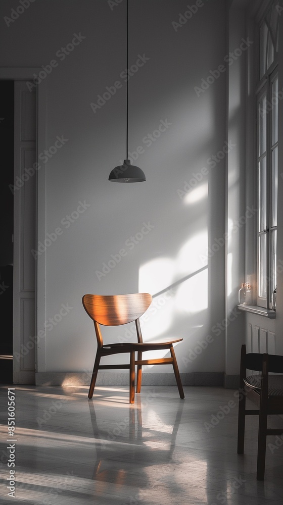 A Minimalist Living Room Scene With A Modern Armchair In The Foreground. A Minimalist Living Room Scene With A Modern Armchair In The Foreground.