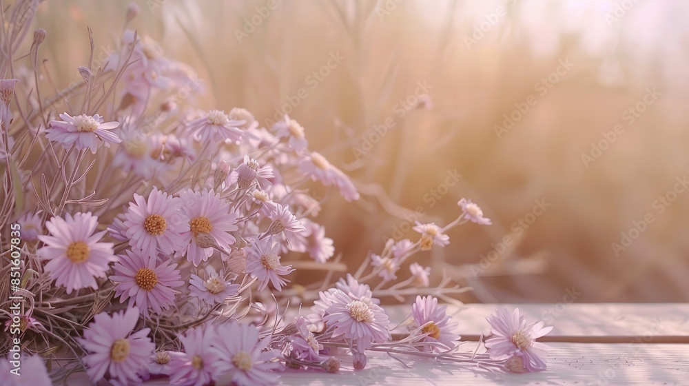 Boho mockup with a wooden bottom and purple asters Boho mockup with a wooden bottom and purple asters