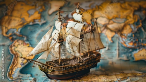 Wooden Ship Model on a World Map