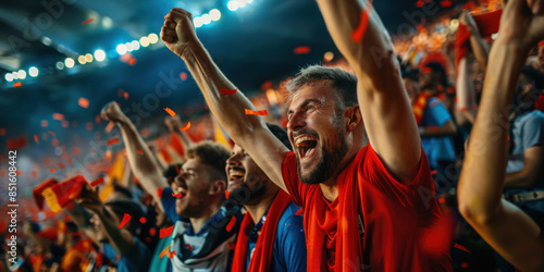 A group of ecstatic soccer fans celebrating a victory with raised arms, confetti, and a vibrant stadium atmosphere.