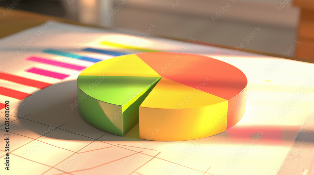 Fototapeta premium A bright, colorful pie chart on a piece of paper, illuminated by soft sunlight in an office setting.