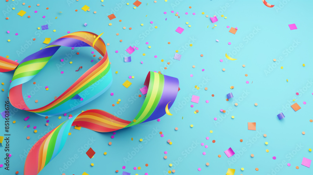 Fototapeta premium Vibrant ribbons and confetti are scattered against a bright turquoise background, evoking a festive and cheerful atmosphere.