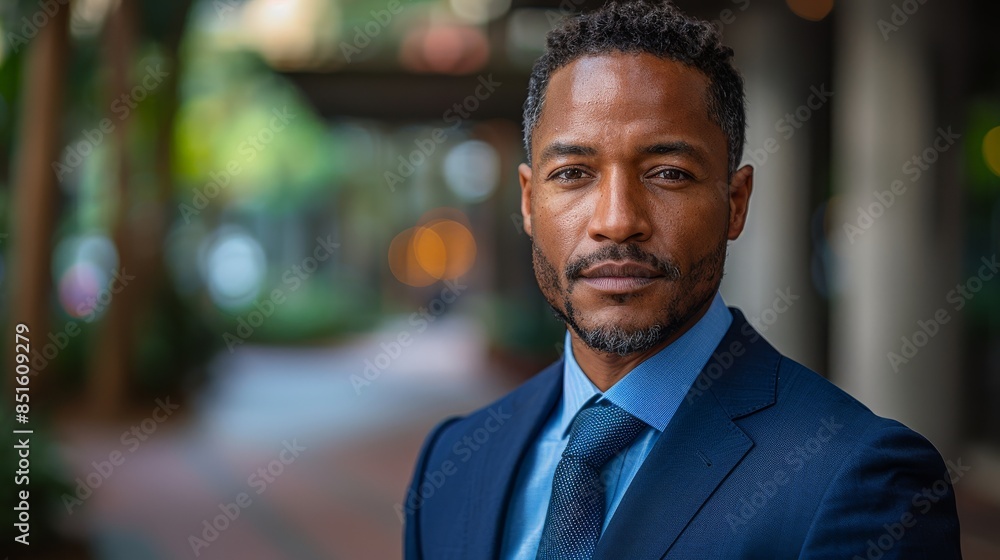 A professional-looking man in a blue suit posing confidently outdoors with a blurred city background A professional-looking man in a blue suit posing confidently outdoors with a blurred city background