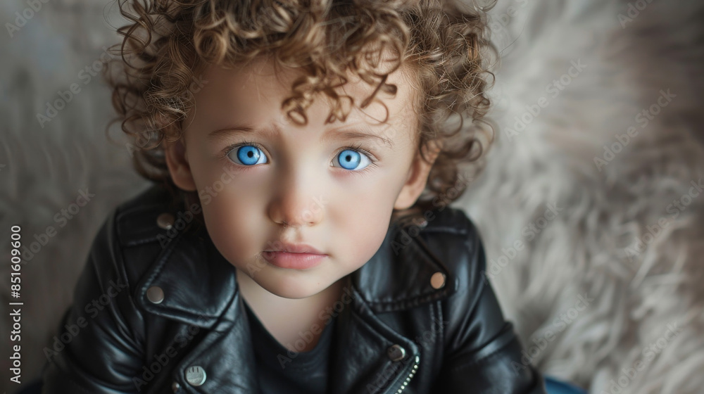 A young child with striking blue eyes and curly hair looks intently at the camera, clad in a black leather jacket that contrasts their soft features.