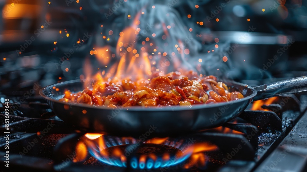 This photo highlights a pan on a stove with a mix of beans and vegetables being cooked with visible flames This photo highlights a pan on a stove with a mix of beans and vegetables being cooked with visible flames