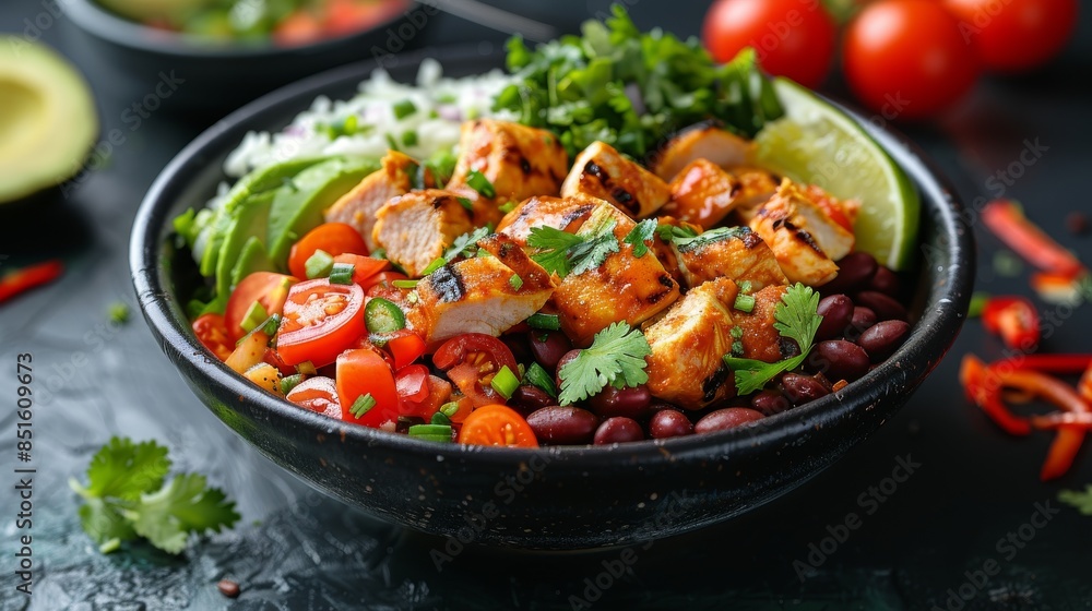 Delicious bowl of grilled chicken with avocado, beans, and an assortment of fresh vegetables and herbs Delicious bowl of grilled chicken with avocado, beans, and an assortment of fresh vegetables and herbs