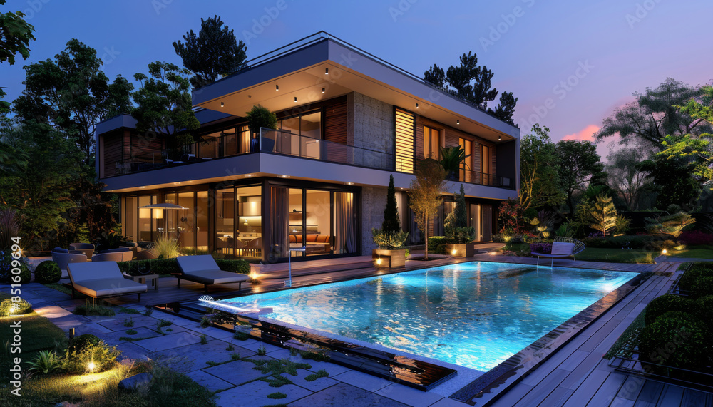 Fototapeta premium beautiful modern luxury villa with a swimming pool and garden at night.