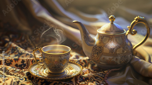 An ornate teapot and steaming cup of tea on an exquisitely patterned fabric, evoking warmth and tradition.