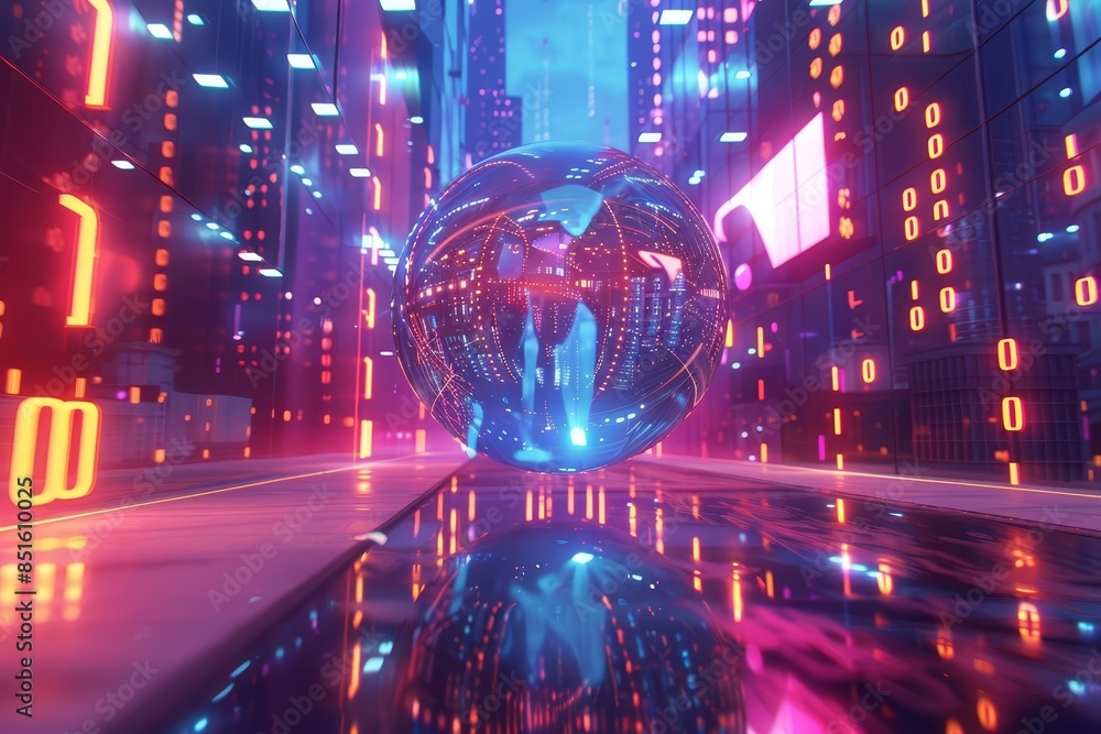 Fototapeta premium A person traveling in a floating glass sphere through a neon city, side view, exploring a surreal and vibrant environment, digital binary as object, Complementary Color Scheme