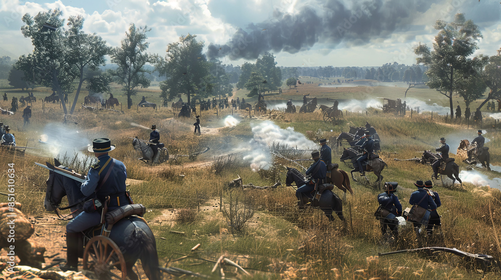 Historical reenactment of a battle scene unfolds with soldiers on horseback and foot, amidst a landscape filled with drama and intensity. Historical reenactment of a battle scene unfolds with soldiers on horseback and foot, amidst a landscape filled with drama and intensity.