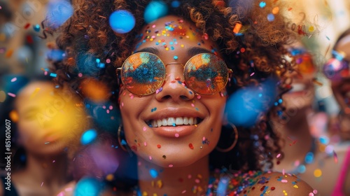 Stylish woman with reflective sunglasses enjoying a festive moment amid falling confetti