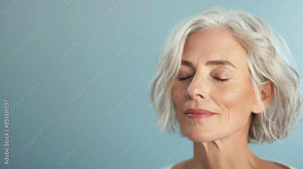 Elegantly aged woman with closed eyes and a serene smile embodies tranquility and contentment against a soft blue background. Elegantly aged woman with closed eyes and a serene smile embodies tranquility and contentment against a soft blue background.