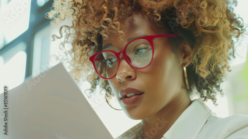 A woman with curly hair and red glasses looks intently at a document, conveying focus and concentration within a professional context. photo