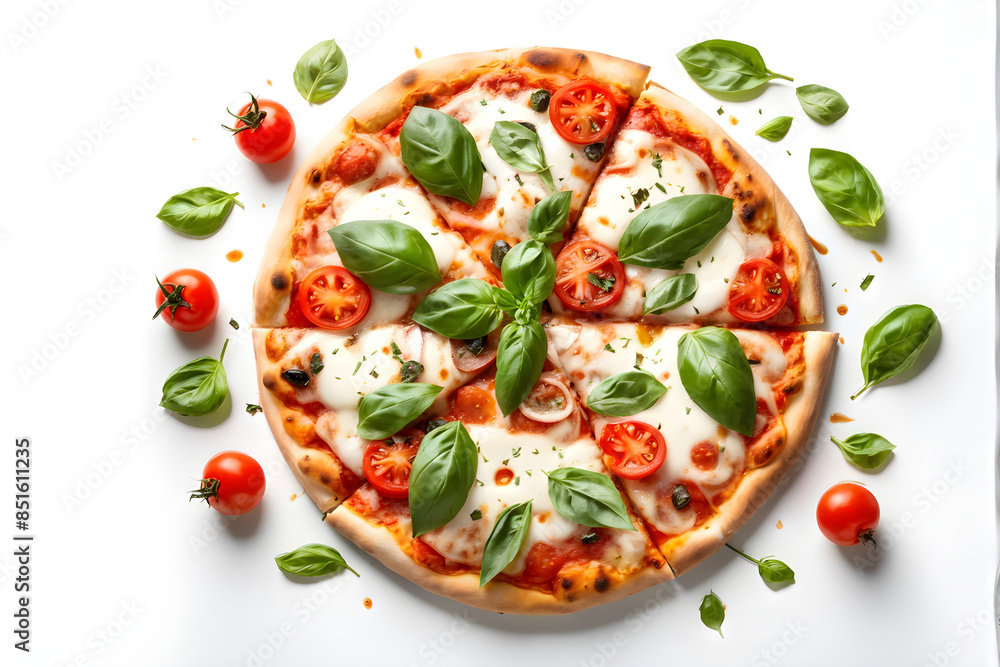 Italian pizza with melted mozzarella cheese green olives and tomato garnished with fresh vegetables and basil leaves.isolated on white background Italian pizza with melted mozzarella cheese green olives and tomato garnished with fresh vegetables and basil leaves.isolated on white background