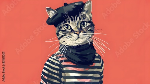 A tabby cat wearing a beret and striped shirt, looking directly at the viewer with a curious expression.